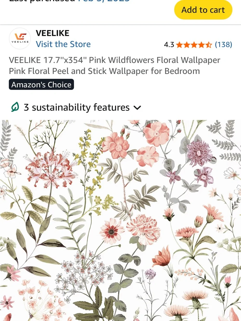 Pink Wildflowers Peel and Stick Wallpaper - TWO FULL ROLLS UNOPENED